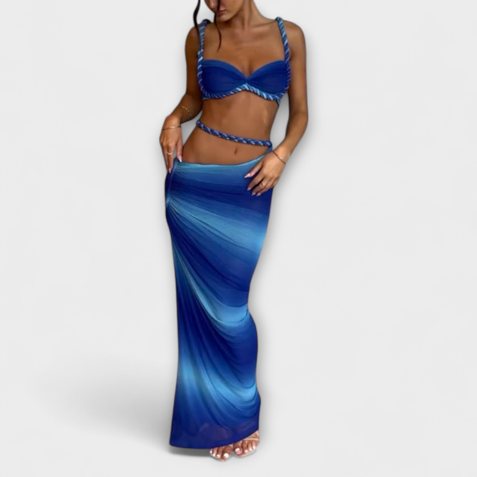 Jane - Stylový gradientový pletený crop top a overskirt duo